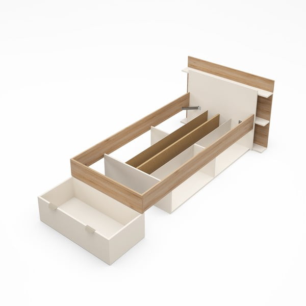 Letto singolo effetto rovere con contenitore senza griglia in colore bianco-naturale 90x200 cm Albo - Marckeric-image-3