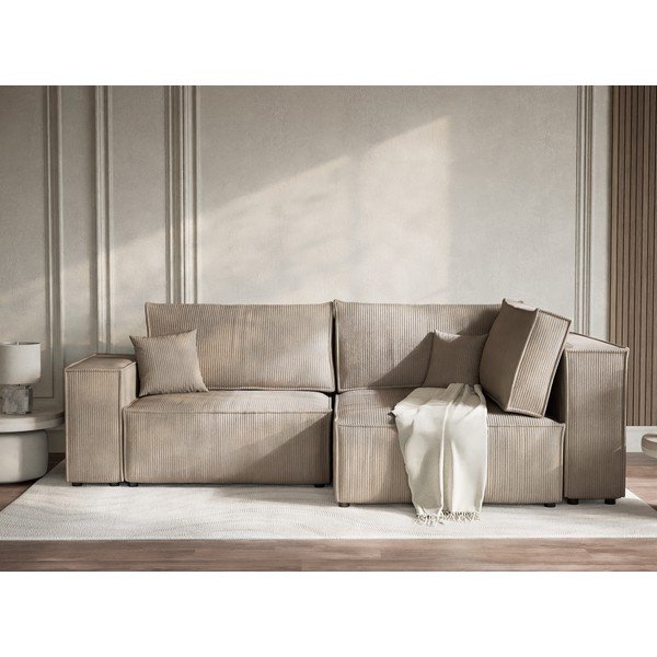 Divano angolare beige allungabile/con contenitore (con penisola a destra/a L) con rivestimento in velluto a coste Tonga – Maison de Rêve-image-1