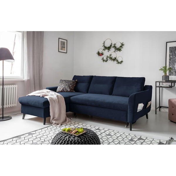 Divano letto angolare in velluto blu scuro, angolo sinistro Stylish Stan - Miuform-image-3