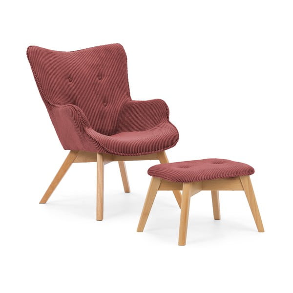 Poltrona con poggiapiedi rossa con rivestimento in velluto a coste Niko – Ropez