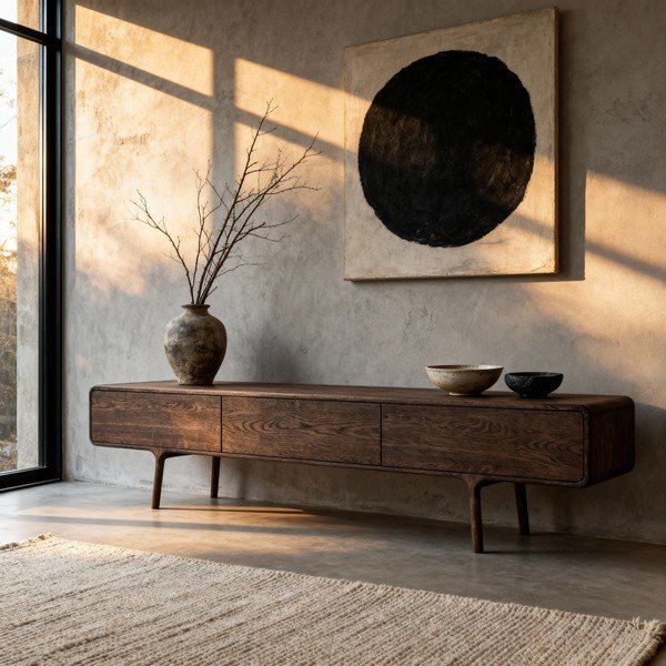 Mobile TV marrone in rovere massiccio 220x45x45 cm Fawn – Gazzda-image-1