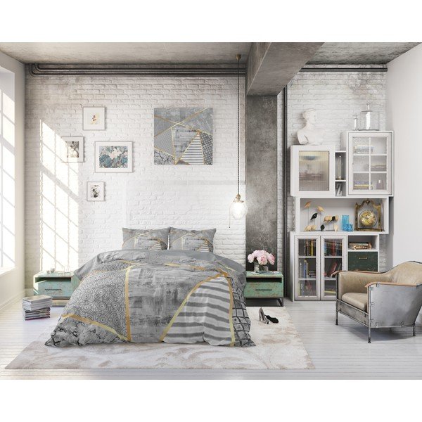 Biancheria da letto matrimoniale in cotone grigio Graphic, 200 x 200/220 cm - Pure Cotton-image-4