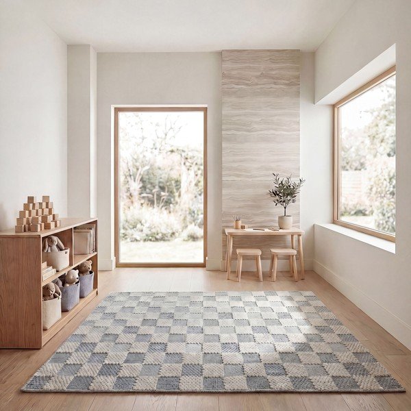Tappeto blu in misto cotone lavabile 155x230 cm Muted Checkerboard – Flair Rugs-image-3