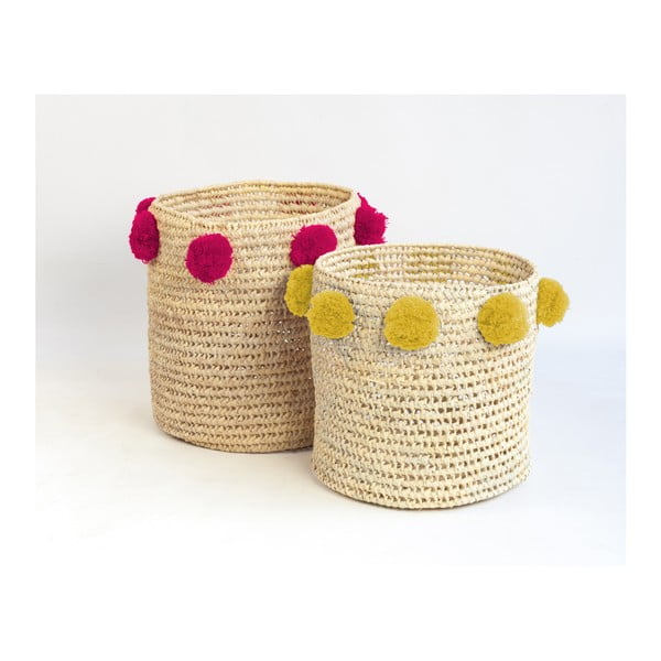 Set di 2 cesti in fibra di palma con decorazioni rosa scuro e giallo Milo Basket - Madre Selva