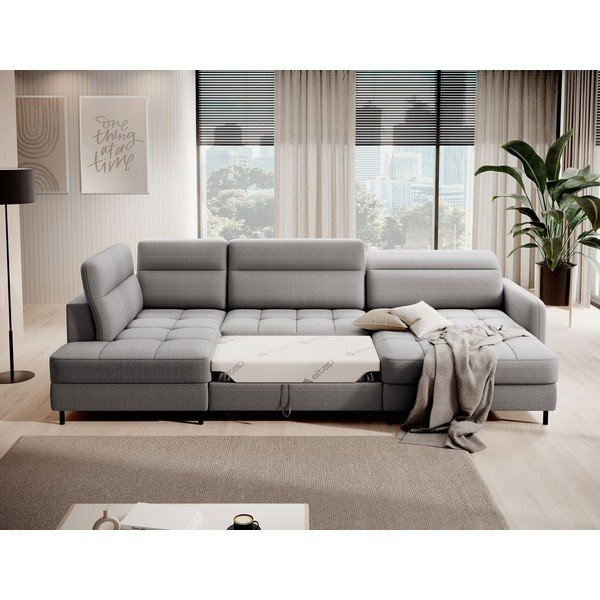 Divano angolare grigio chiaro allungabile/con contenitore (con penisola a sinistra/a U) e rivestimento in velluto Berrto – ELTAP-image-4