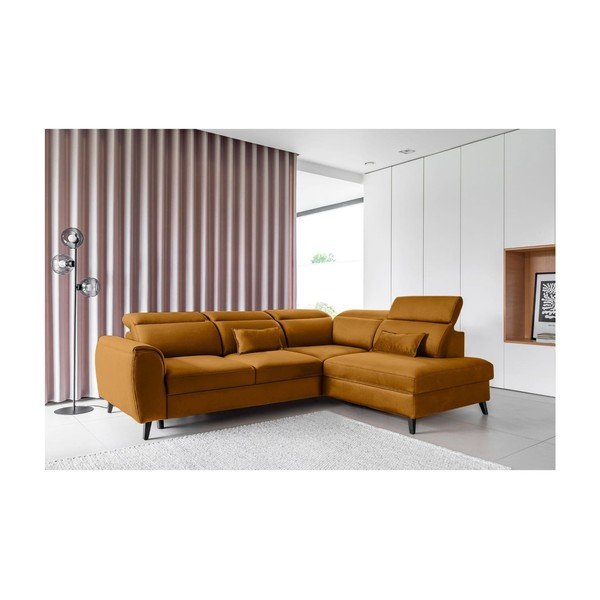 Divano angolare giallo allungabile/con contenitore (con penisola a destra/a L) e rivestimento in velluto Noble – ELTAP-image-1