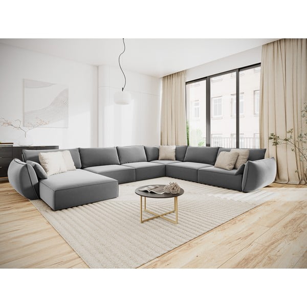 Divano angolare grigio chiaro (con penisola a destra/a U) con rivestimento in velluto Vanda – Mazzini Sofas-image-1