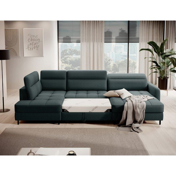 Divano angolare verde allungabile/con contenitore (con penisola a sinistra/a U) e rivestimento in velluto Berrto – ELTAP-image-4