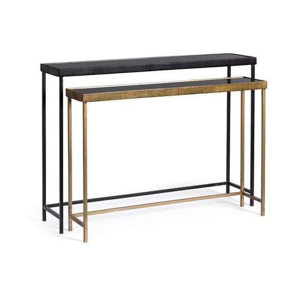 Set di tavoli consolle neri/dorati con piano in vetro 2 pz 26x107 cm Yamir – Bizzotto-image-3