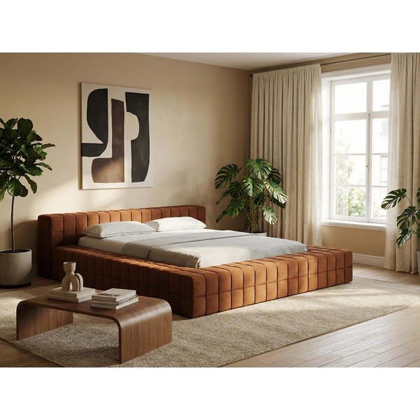 Letto matrimoniale imbottito azzurro con griglia 160x200 cm Akela - Makamii-image-1