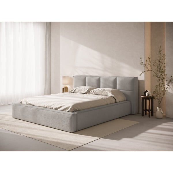 Letto matrimoniale imbottito grigio chiaro con contenitore con rete inclusa 200x200 cm Simon Darren – Micadoni -image-1