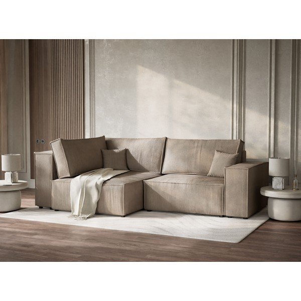 Divano angolare beige allungabile/con contenitore (con penisola a sinistra/a L) con rivestimento in velluto a coste Tonga – Maison de Rêve-image-4