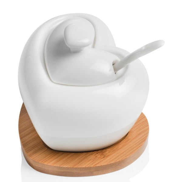 Zuccheriera in porcellana con cucchiaio e sottobicchiere in bambù Cuore - Brandani-image-1