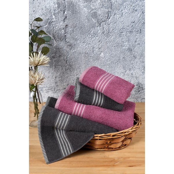 Set di asciugamani per viso e corpo rosa e color antracite in cotone 4 pz – Mila Home