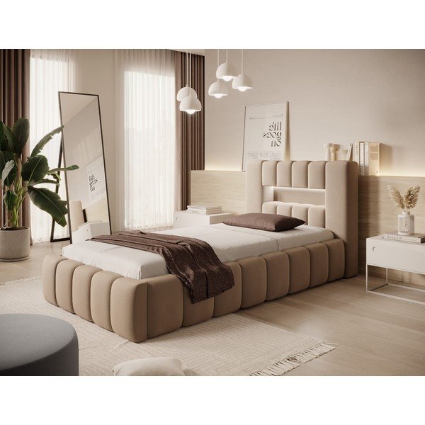 Letto singolo imbottito marrone chiaro con contenitore con rete inclusa 90x200 cm Lamica – ELTAP-image-1