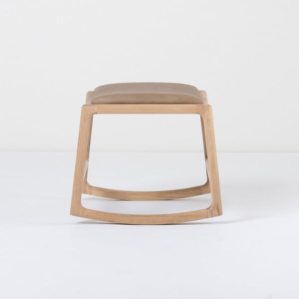 Pouf con struttura in rovere massiccio e dettagli in pelle di bufalo marrone Dedo - Gazzda-image-2