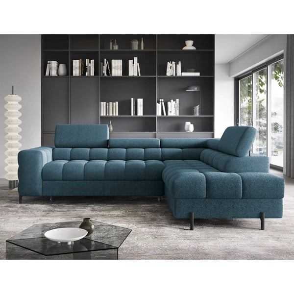 Divano angolare blu allungabile/con contenitore (con penisola a destra/a L) con rivestimento in bouclé Ferucce – ELTAP-image-1