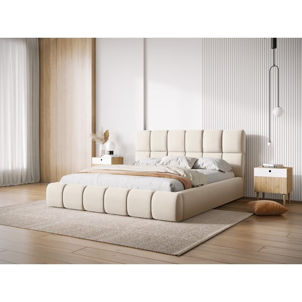 Letto matrimoniale imbottito color crema in velluto con contenitore con rete inclusa 180x200 cm Bellis – Micadoni -image-1