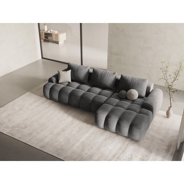 Divano angolare grigio allungabile/con contenitore (con penisola a destra/con chaise lounge) con rivestimento in velluto Linz – Cosmopolitan Design-image-1