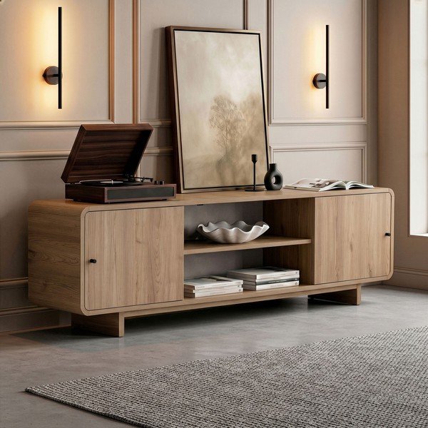 Mobile TV colore naturale chiaro con effetto rovere 180x52x34 cm Mirel – Nordure-image-2