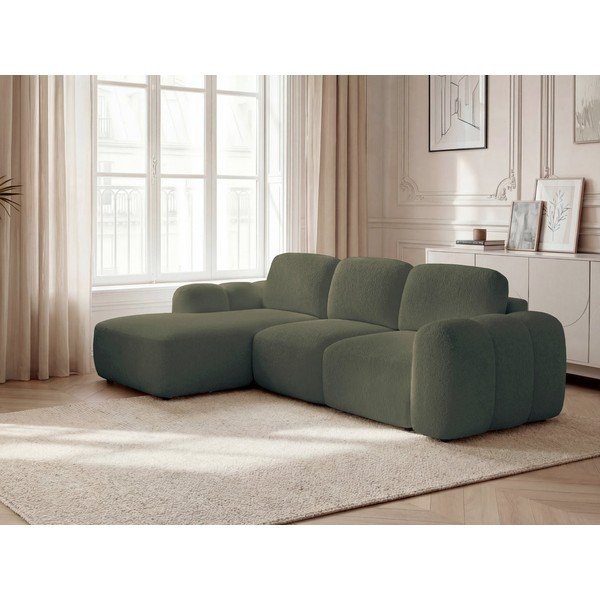 Divano angolare verde allungabile/con contenitore (con penisola a sinistra/con chaise lounge) con rivestimento in bouclé Montaigne – Bobochic Paris-image-1