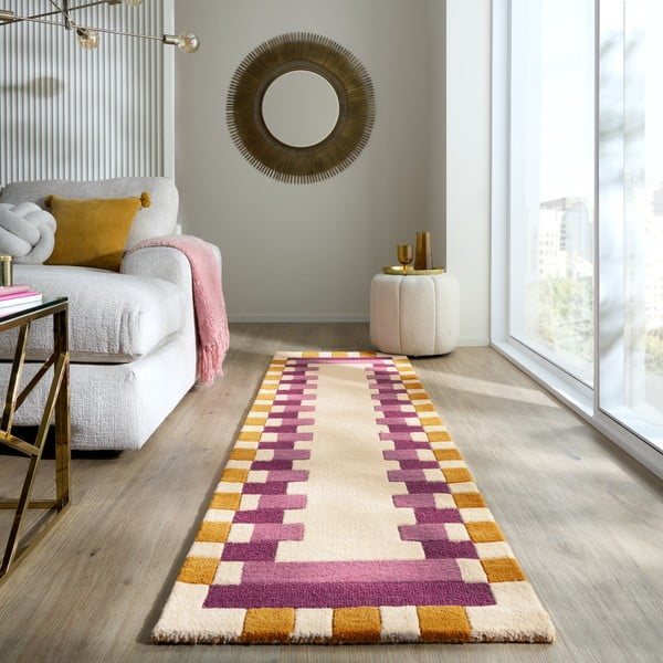 Passatoia in lana giallo-rosa intrecciato a mano 60x230 cm Kai Wool Border - Flair Rugs-image-1