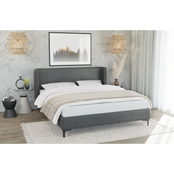 Letto matrimoniale imbottito grigio scuro con griglia 200x200 cm Basti - Ropez-image-3