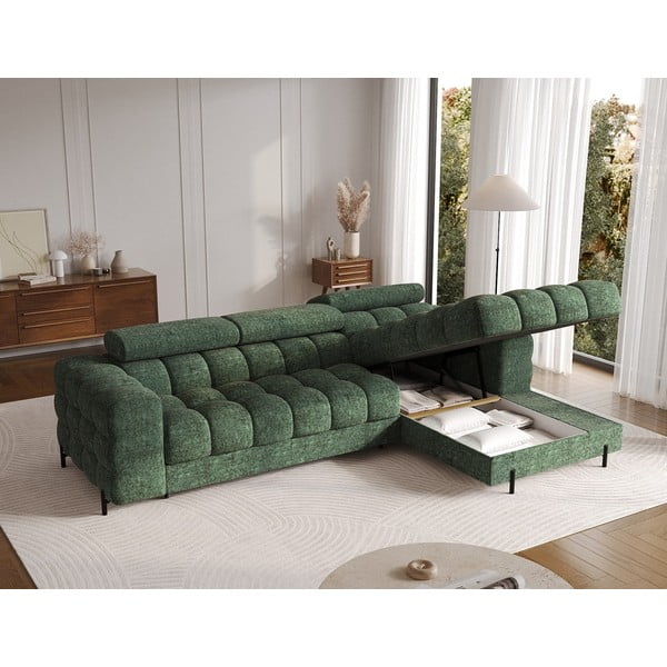 Divano angolare verde allungabile/con contenitore (con penisola a destra/con chaise lounge) con rivestimento in bouclé Felro – ELTAP-image-4