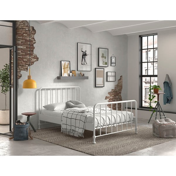 Letto singolo bianco in metallo con rete 140x200 cm BRONXX - Vipack-image-1