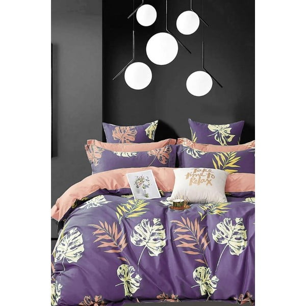 Biancheria da letto in cotone per letto matrimoniale con lenzuolo 200x220 cm, viola, estesa a quattro pezzi Leaves - Mila Home