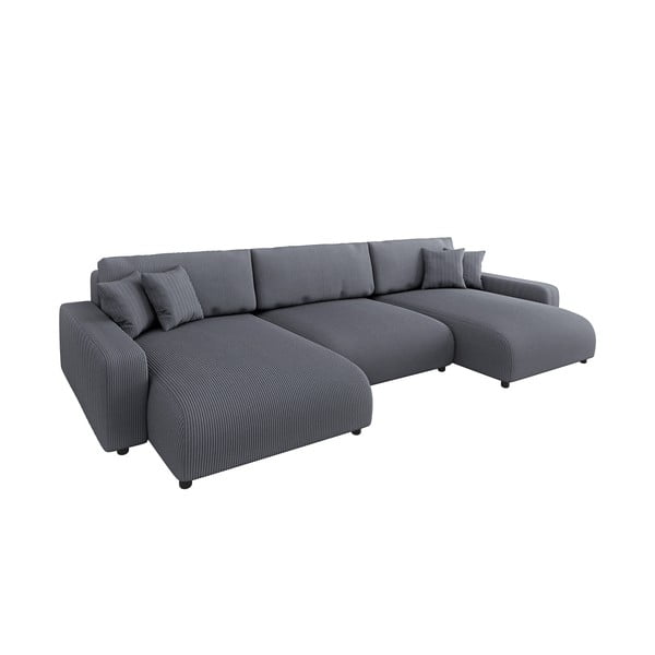 Divano angolare grigio scuro allungabile/con contenitore (a U) con rivestimento in velluto a coste Sara – Ropez