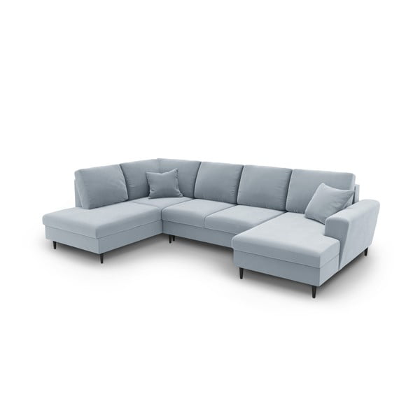 Divano angolare azzurro allungabile e con contenitore (con penisola a sinistra/a U) con rivestimento in velluto Kyoto – Cosmopolitan Design-image-1
