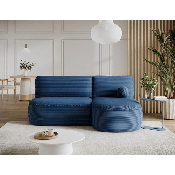 Divano angolare blu scuro allungabile/con contenitore (con penisola a destra/con chaise lounge) con rivestimento in velluto a coste Livosa – ELTAP-image-2