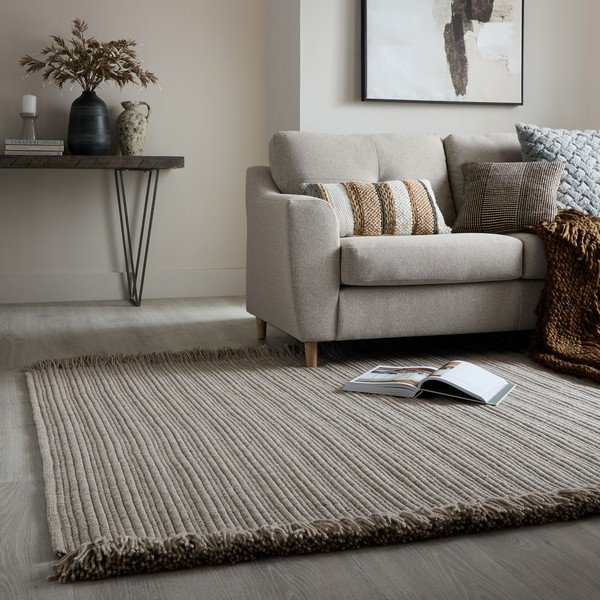 Tappeto grigio in misto lana tessuto a mano 160x230 cm Rene Fringed Ribbed – Flair Rugs-image-1