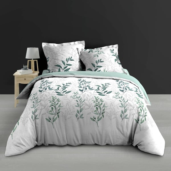 Set copripiumino e federa bianco/verde in percalle di cotone per letto matrimoniale ed esteso 240x220 cm Wendy – douceur d'intérieur
