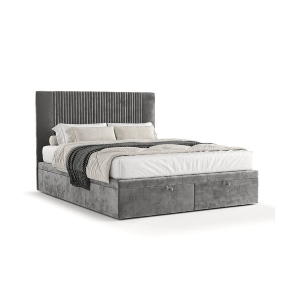 Letto matrimoniale grigio imbottito con spazio contenitivo 180x200 cm Mavel – Maison de Rêve