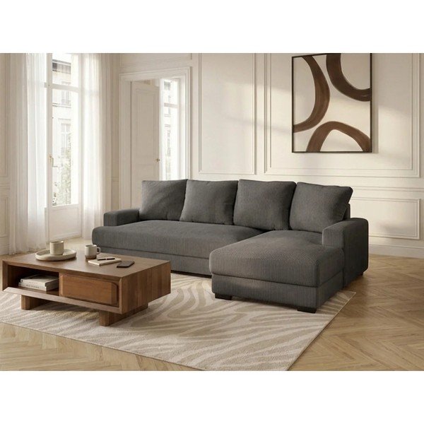 Divano angolare grigio scuro allungabile/con contenitore (con penisola a destra/con chaise lounge) con rivestimento in velluto a coste Campi – Bobochic Paris-image-1