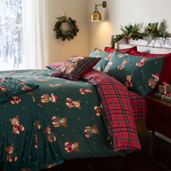 Set copripiumino e federa rosso/verde scuro per letto singolo 150x120 cm Christmas Tartan Teddy Bear – Catherine Lansfield-image-4
