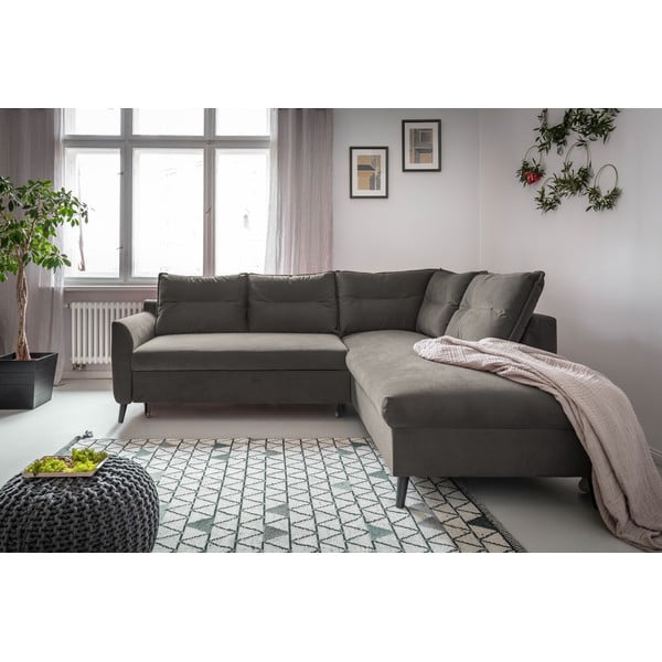 Divano letto angolare in velluto grigio scuro L, angolo destro Stylish Stan - Miuform-image-1