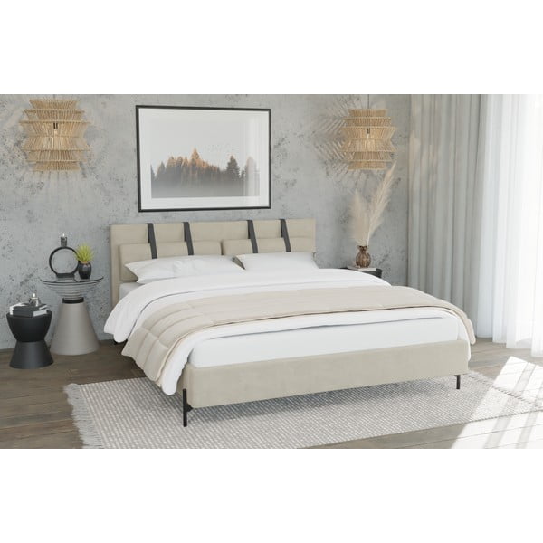 Letto matrimoniale beige imbottito con rete inclusa 200x200 cm Tulsa – Ropez-image-3