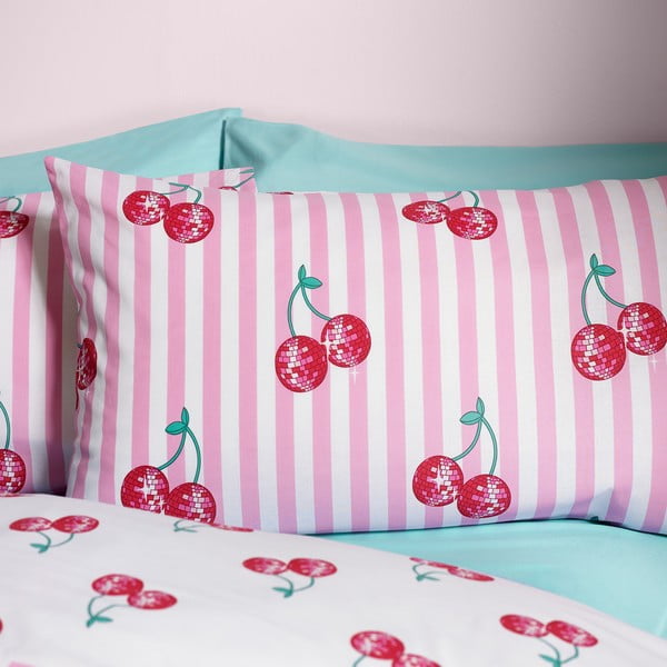 Set copripiumino e federa bianco e rosa per letto matrimoniale 200x200 cm Disco Cherries Stripes – Catherine Lansfield-image-3