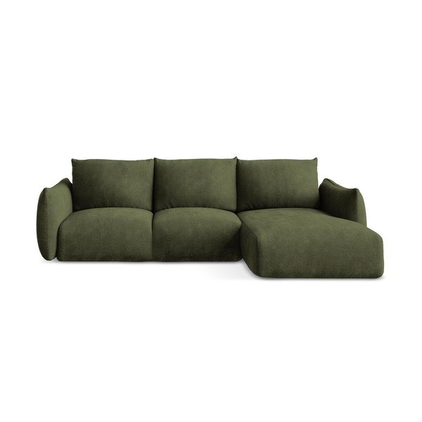 Divano angolare verde allungabile (con penisola a destra/con chaise lounge) con rivestimento in ciniglia Leila – Makamii