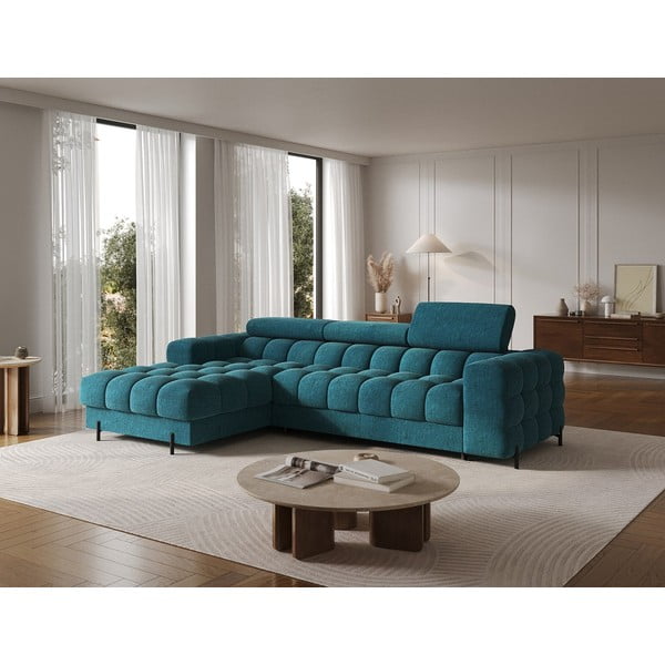 Divano angolare blu allungabile/con contenitore (con penisola a sinistra/con chaise lounge) con rivestimento in bouclé Felro – ELTAP-image-3