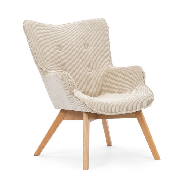 Poltrona con poggiapiedi beige con rivestimento in velluto a coste Niko – Ropez-image-4