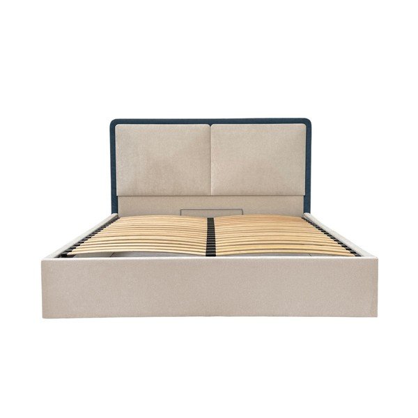 Letto matrimoniale blu/beige imbottito con contenitore con rete inclusa 180x200 cm Mara – Bobochic Paris-image-4