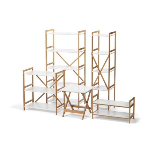 Scaffale stretto bianco a cinque livelli con struttura in bambù Lora - Bonami Essentials-image-1