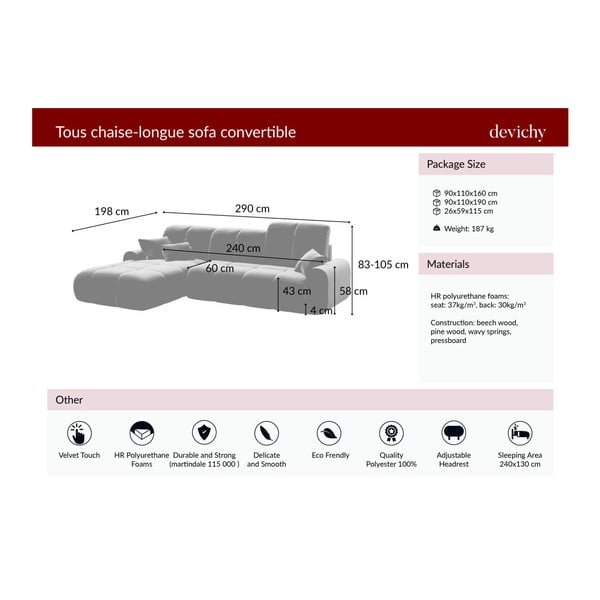 Divano in velluto rosa scuro Divano letto angolare Devichy, angolo destro Tous - devichy-image-3