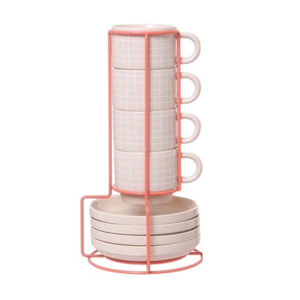 Sada 4 hnrků se stojánkem Espresso Grid Pink