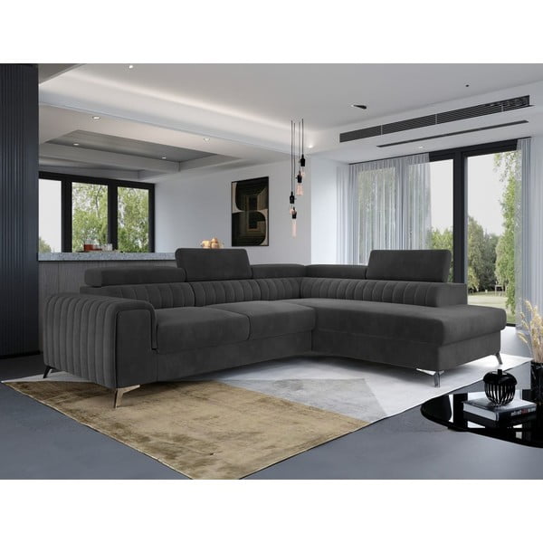 Divano angolare grigio scuro allungabile/con contenitore (con penisola a destra/a L) e rivestimento in velluto Laurence – ELTAP-image-1