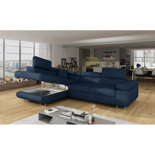 Divano angolare blu allungabile/con contenitore (con penisola a sinistra/a L) e rivestimento in velluto Anton – ELTAP-image-4